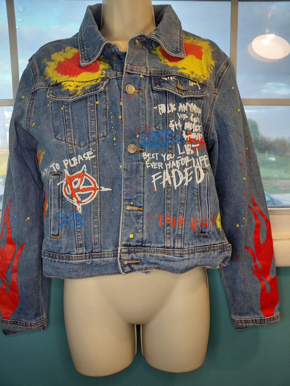 Boutique Hand Painted Denim Jacket with Graffiti Art Detail. EUC. Size M. - Picture 3 of 13